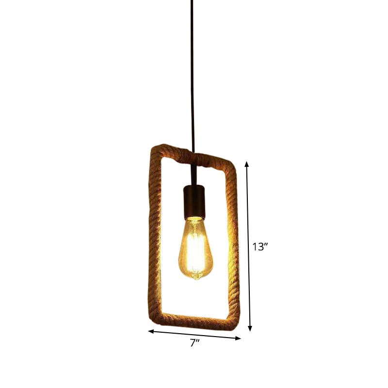 1-Light Hanging Lamp Rural Living Room Pendant Light with Round/Square/Rectangle Rope Frame in Brown Clearhalo 'Ceiling Lights' 'Industrial Pendants' 'Industrial' 'Middle Century Pendants' 'Pendant Lights' 'Pendants' 'Tiffany' Lighting' 1912594