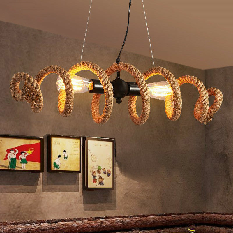 Rope Wrapped Helix Island Pendant Farmhouse 2 Heads Restaurant Ceiling Pendant in Brown Brown Clearhalo 'Ceiling Lights' 'Island Lights' Lighting' 1912595