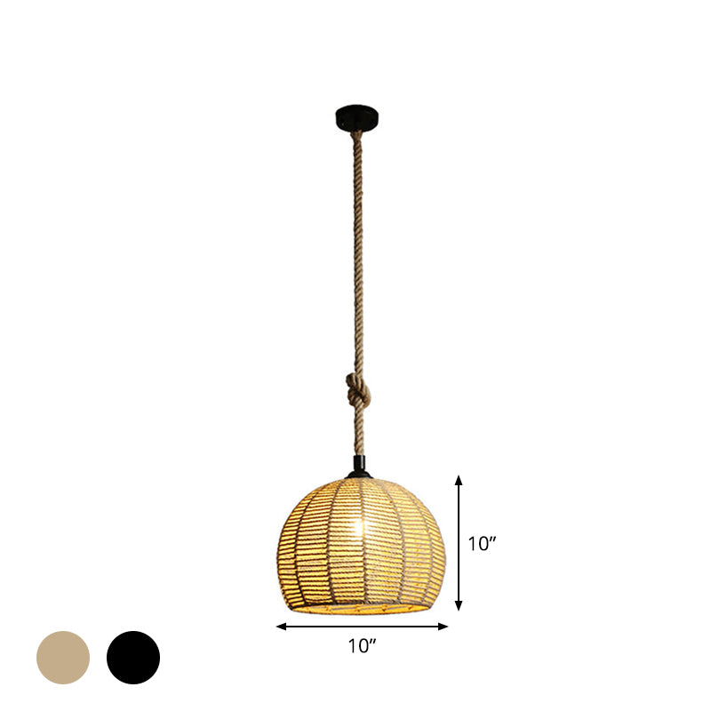 Black/Brown 1-Light Pendant Lamp Rural Hemp Rope Half-Globe Ceiling Hang Light over Dining Table, 10"/12" Wide Clearhalo 'Ceiling Lights' 'Industrial Pendants' 'Industrial' 'Middle Century Pendants' 'Pendant Lights' 'Pendants' 'Tiffany' Lighting' 1912603