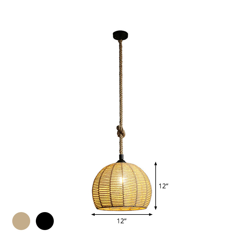 Black/Brown 1-Light Pendant Lamp Rural Hemp Rope Half-Globe Ceiling Hang Light over Dining Table, 10"/12" Wide Clearhalo 'Ceiling Lights' 'Industrial Pendants' 'Industrial' 'Middle Century Pendants' 'Pendant Lights' 'Pendants' 'Tiffany' Lighting' 1912604