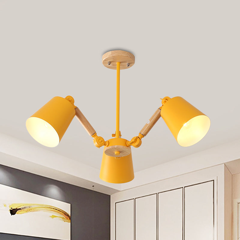 Bedroom Chandelier for Girls, Macaron Wood Ceiling Light with Bucket Shade and Adjustable Arm 3 Yellow Clearhalo 'Ceiling Lights' 'Chandeliers' Lighting' options 1913224_9b277e52-6f8d-4a22-b065-02398965235b
