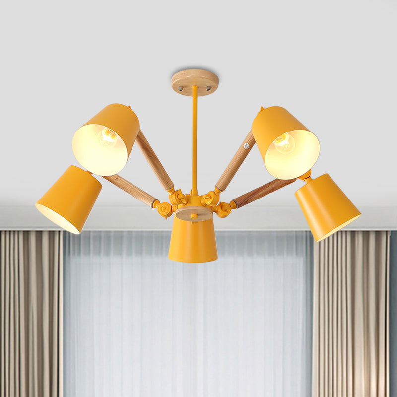 Bedroom Chandelier for Girls, Macaron Wood Ceiling Light with Bucket Shade and Adjustable Arm 5 Yellow Clearhalo 'Ceiling Lights' 'Chandeliers' Lighting' options 1913229_d1d245a1-1a5c-421e-b898-405328da4232