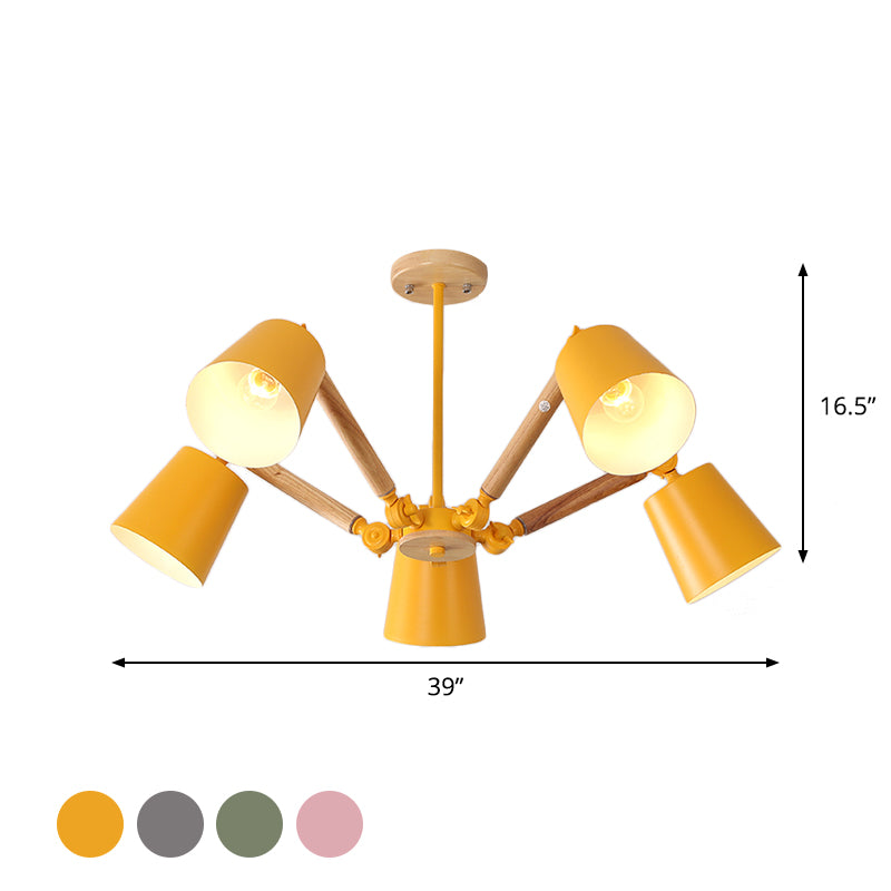 Bedroom Chandelier for Girls, Macaron Wood Ceiling Light with Bucket Shade and Adjustable Arm Clearhalo 'Ceiling Lights' 'Chandeliers' Lighting' options 1913233