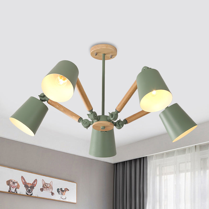 Bedroom Chandelier for Girls, Macaron Wood Ceiling Light with Bucket Shade and Adjustable Arm 5 Green Clearhalo 'Ceiling Lights' 'Chandeliers' Lighting' options 1913246_aa1a3876-b799-4787-b378-bb0e349f7313