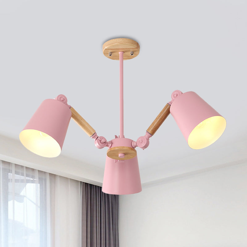 Bedroom Chandelier for Girls, Macaron Wood Ceiling Light with Bucket Shade and Adjustable Arm 3 Pink Clearhalo 'Ceiling Lights' 'Chandeliers' Lighting' options 1913250_3ef87747-1d9b-40d5-8c60-c41a751eaa40