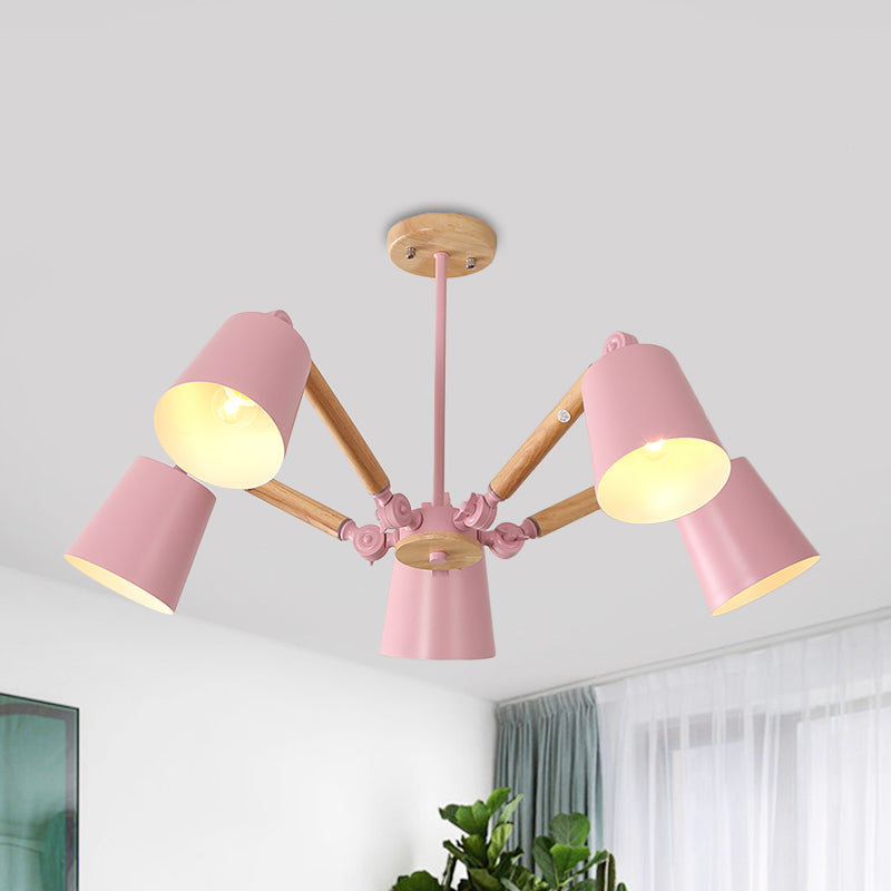 Bedroom Chandelier for Girls, Macaron Wood Ceiling Light with Bucket Shade and Adjustable Arm 5 Pink Clearhalo 'Ceiling Lights' 'Chandeliers' Lighting' options 1913254_7fb1ee03-5168-4b08-a840-496ff2bdeecc