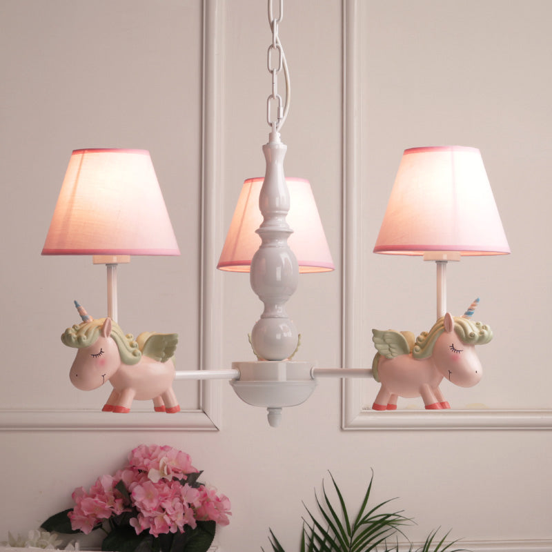 Nursery Room Chandelier, Cartoon Pendant Light Fixture with Pink Bucket Fabric Shade and Unicorn Clearhalo 'Ceiling Lights' 'Chandeliers' Lighting' options 1913333