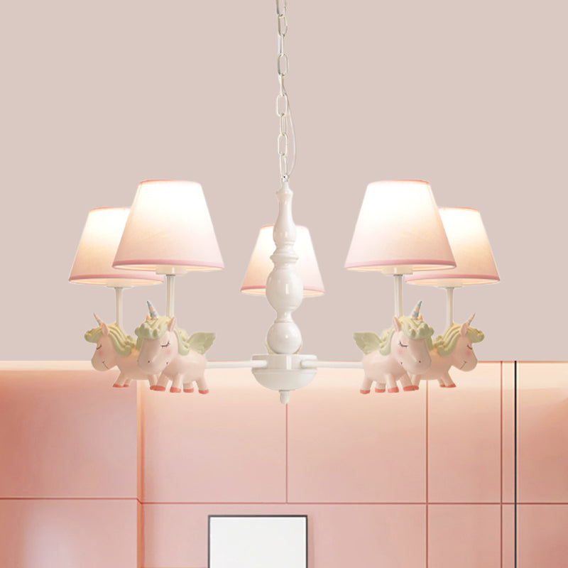 Nursery Room Chandelier, Cartoon Pendant Light Fixture with Pink Bucket Fabric Shade and Unicorn 5 Pink Clearhalo 'Ceiling Lights' 'Chandeliers' Lighting' options 1913338_eca881c4-0b80-4b7c-99e5-d995daf492f7