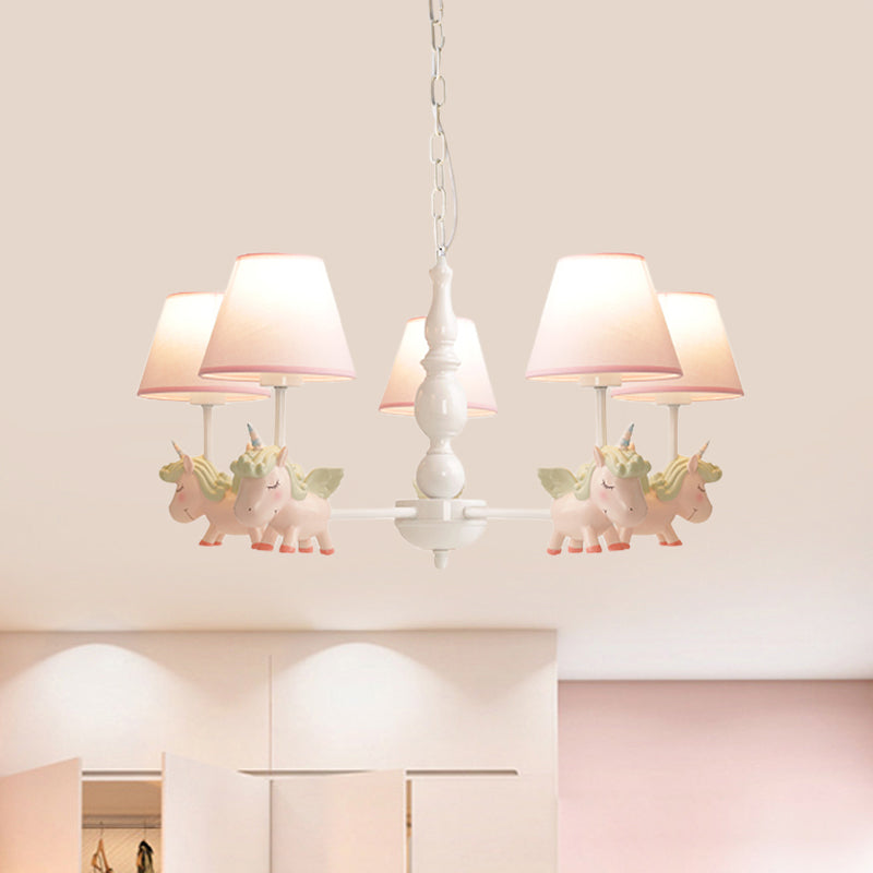 Nursery Room Chandelier, Cartoon Pendant Light Fixture with Pink Bucket Fabric Shade and Unicorn Clearhalo 'Ceiling Lights' 'Chandeliers' Lighting' options 1913339