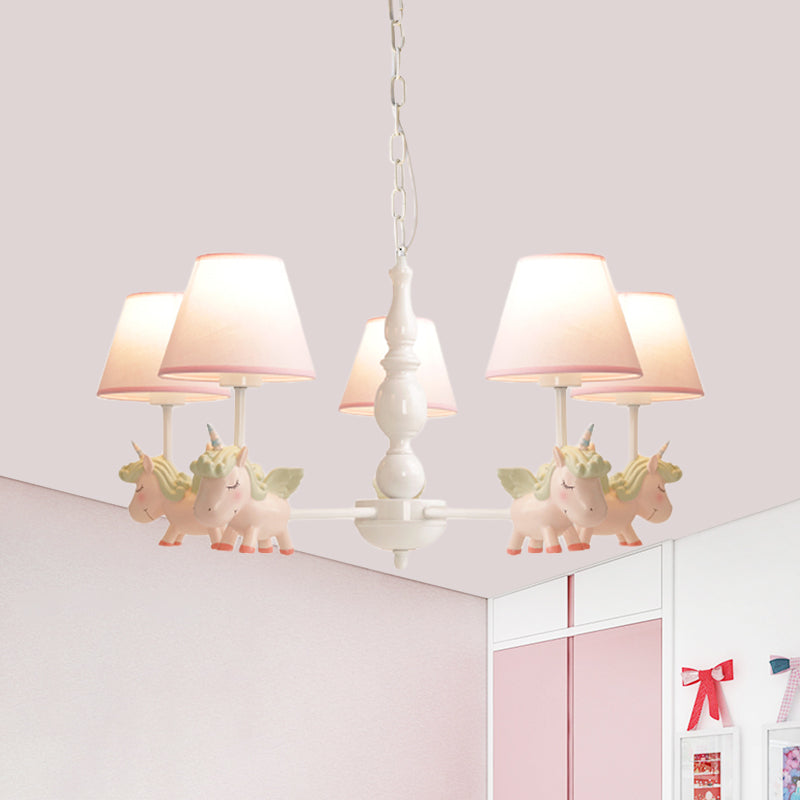 Nursery Room Chandelier, Cartoon Pendant Light Fixture with Pink Bucket Fabric Shade and Unicorn Clearhalo 'Ceiling Lights' 'Chandeliers' Lighting' options 1913340