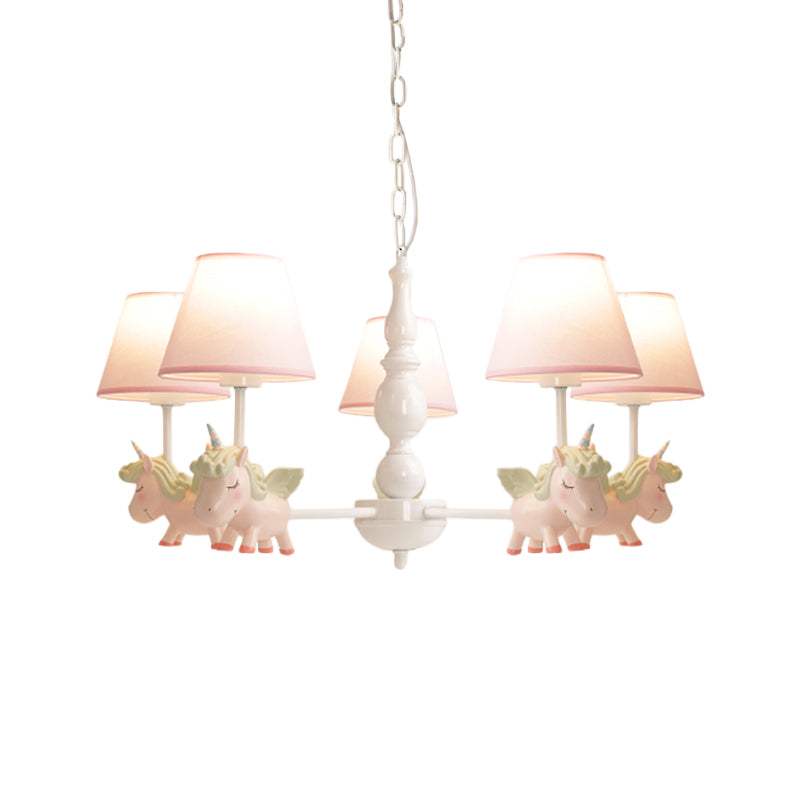 Nursery Room Chandelier, Cartoon Pendant Light Fixture with Pink Bucket Fabric Shade and Unicorn Clearhalo 'Ceiling Lights' 'Chandeliers' Lighting' options 1913341