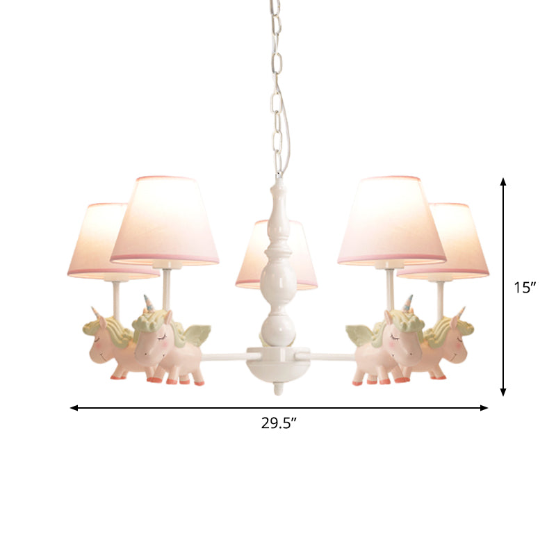 Nursery Room Chandelier, Cartoon Pendant Light Fixture with Pink Bucket Fabric Shade and Unicorn Clearhalo 'Ceiling Lights' 'Chandeliers' Lighting' options 1913342