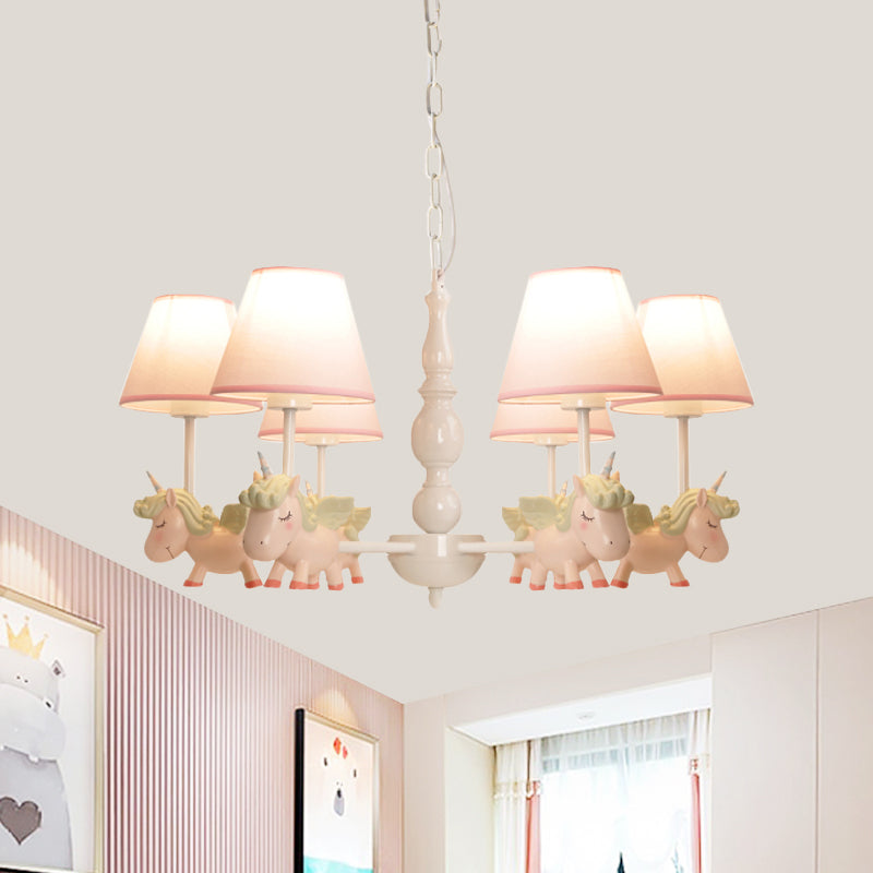 Nursery Room Chandelier, Cartoon Pendant Light Fixture with Pink Bucket Fabric Shade and Unicorn Clearhalo 'Ceiling Lights' 'Chandeliers' Lighting' options 1913343