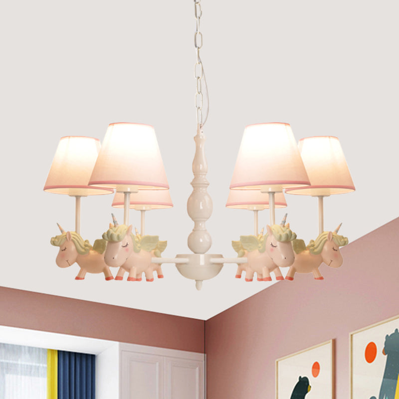 Nursery Room Chandelier, Cartoon Pendant Light Fixture with Pink Bucket Fabric Shade and Unicorn Clearhalo 'Ceiling Lights' 'Chandeliers' Lighting' options 1913345