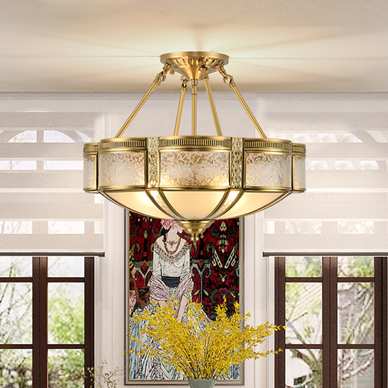 Scalloped Shade Living Room Flush Mount Simplistic Opal Glass 14"/18"/23.5" Wide 3/4 Bulbs Brass Semi Flush Mount Fixture Brass Clearhalo 'Ceiling Lights' 'Close To Ceiling Lights' 'Close to ceiling' 'Glass shade' 'Glass' 'Semi-flushmount' Lighting' 1913359