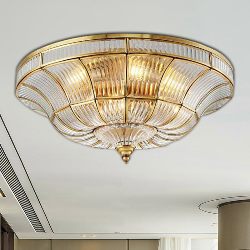 Simplistic Dome Flushmount Lighting 3/6 Heads Clear Ribbed Glass Ceiling Flush Mount in Brass for Living Room, 15"/21" Wide Clearhalo 'Ceiling Lights' 'Close To Ceiling Lights' 'Close to ceiling' 'Flush mount' Lighting' 1913365