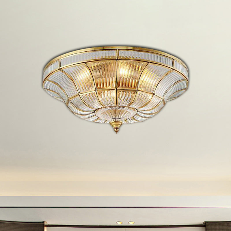 Simplistic Dome Flushmount Lighting 3/6 Heads Clear Ribbed Glass Ceiling Flush Mount in Brass for Living Room, 15"/21" Wide Clear Clearhalo 'Ceiling Lights' 'Close To Ceiling Lights' 'Close to ceiling' 'Flush mount' Lighting' 1913366