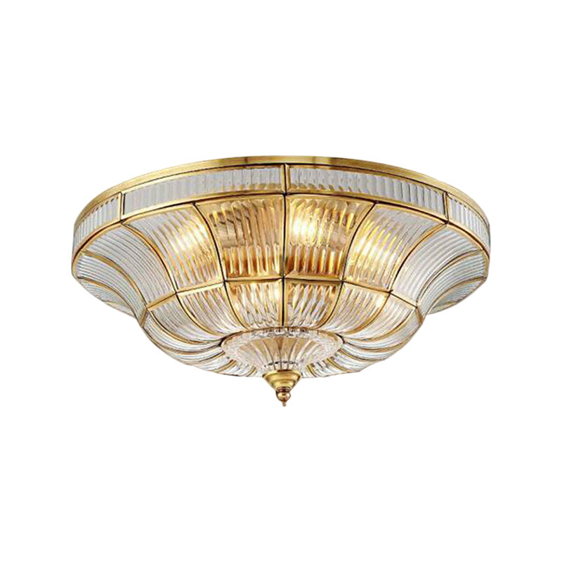 Simplistic Dome Flushmount Lighting 3/6 Heads Clear Ribbed Glass Ceiling Flush Mount in Brass for Living Room, 15"/21" Wide Clearhalo 'Ceiling Lights' 'Close To Ceiling Lights' 'Close to ceiling' 'Flush mount' Lighting' 1913368