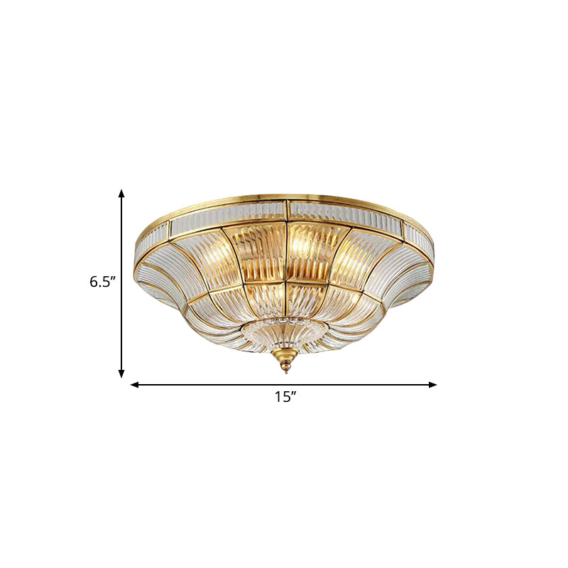 Simplistic Dome Flushmount Lighting 3/6 Heads Clear Ribbed Glass Ceiling Flush Mount in Brass for Living Room, 15"/21" Wide Clearhalo 'Ceiling Lights' 'Close To Ceiling Lights' 'Close to ceiling' 'Flush mount' Lighting' 1913369