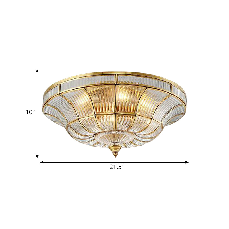 Simplistic Dome Flushmount Lighting 3/6 Heads Clear Ribbed Glass Ceiling Flush Mount in Brass for Living Room, 15"/21" Wide Clearhalo 'Ceiling Lights' 'Close To Ceiling Lights' 'Close to ceiling' 'Flush mount' Lighting' 1913370