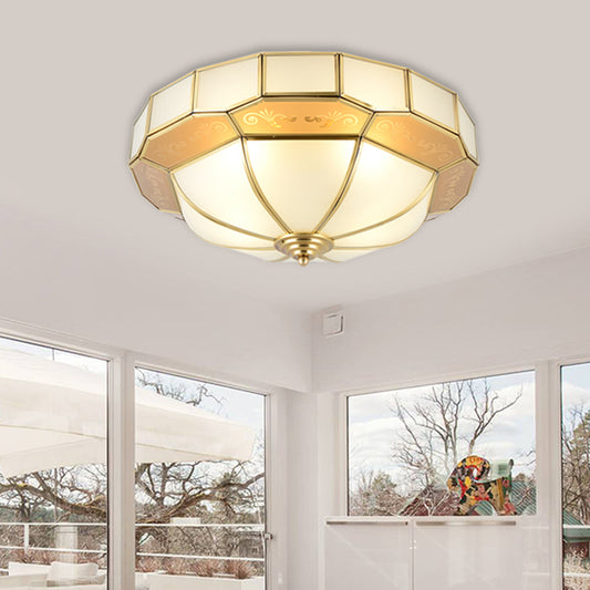 Bowl Milky Glass Ceiling Mounted Fixture Colonial 3/4 Bulbs Living Room Flush Mount Ceiling Lamp in Brass, 16"/19.5" W Brass Clearhalo 'Ceiling Lights' 'Close To Ceiling Lights' 'Close to ceiling' 'Flush mount' Lighting' 1913379