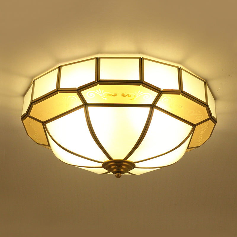 Bowl Milky Glass Ceiling Mounted Fixture Colonial 3/4 Bulbs Living Room Flush Mount Ceiling Lamp in Brass, 16"/19.5" W Clearhalo 'Ceiling Lights' 'Close To Ceiling Lights' 'Close to ceiling' 'Flush mount' Lighting' 1913380