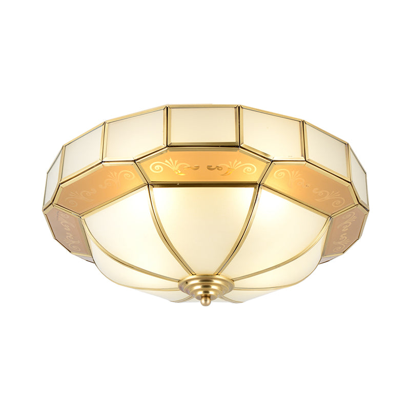 Bowl Milky Glass Ceiling Mounted Fixture Colonial 3/4 Bulbs Living Room Flush Mount Ceiling Lamp in Brass, 16"/19.5" W Clearhalo 'Ceiling Lights' 'Close To Ceiling Lights' 'Close to ceiling' 'Flush mount' Lighting' 1913382