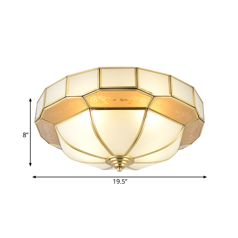 Bowl Milky Glass Ceiling Mounted Fixture Colonial 3/4 Bulbs Living Room Flush Mount Ceiling Lamp in Brass, 16"/19.5" W Clearhalo 'Ceiling Lights' 'Close To Ceiling Lights' 'Close to ceiling' 'Flush mount' Lighting' 1913383