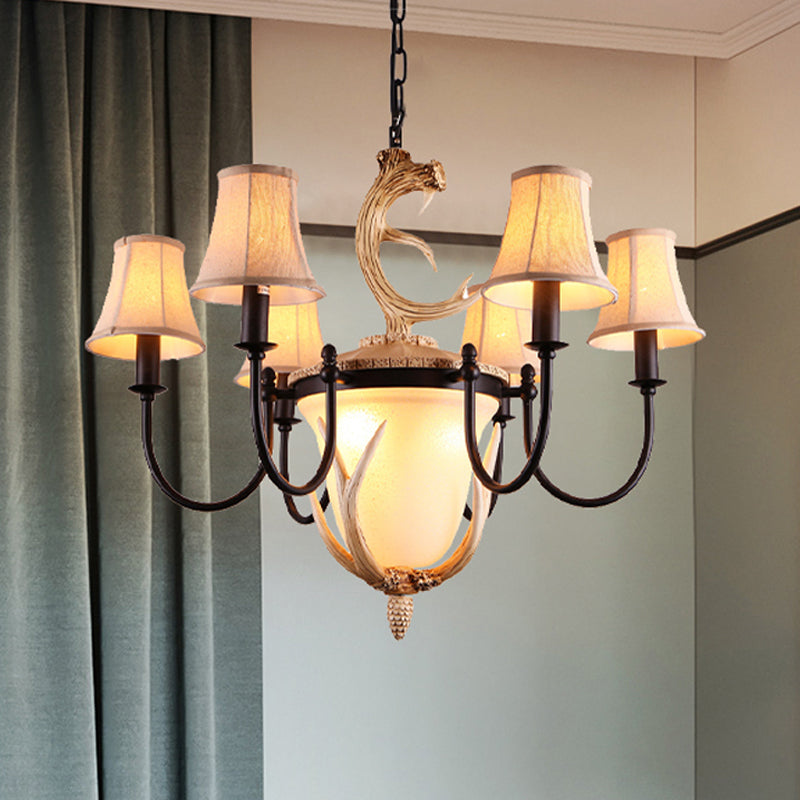 Metal Curved Armed Chandelier Lamp Traditional 9/11 Bulbs Restaurant Hanging Ceiling Light in Black with Flared Fabric Shade Clearhalo 'Ceiling Lights' 'Chandeliers' Lighting' options 1913385