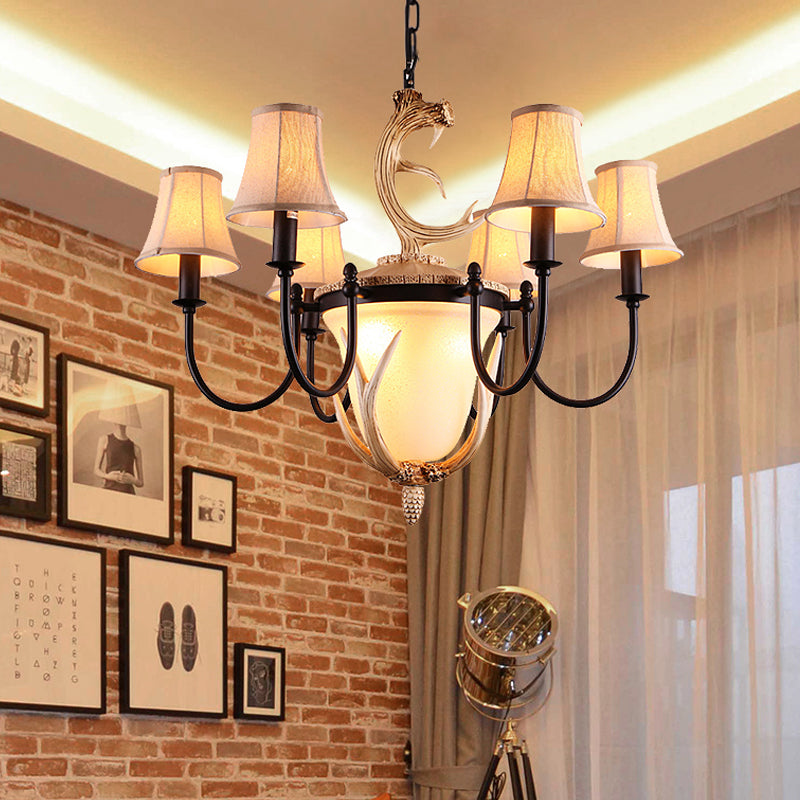 Metal Curved Armed Chandelier Lamp Traditional 9/11 Bulbs Restaurant Hanging Ceiling Light in Black with Flared Fabric Shade Clearhalo 'Ceiling Lights' 'Chandeliers' Lighting' options 1913386