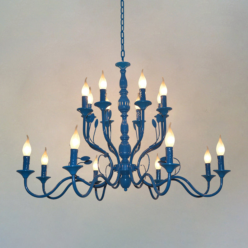 Metal Candle Shape Pendant Chandelier Vintage 10/12/16 Lights Restaurant Hanging Ceiling Lamp in Blue Clearhalo 'Ceiling Lights' 'Chandeliers' Lighting' options 1913392