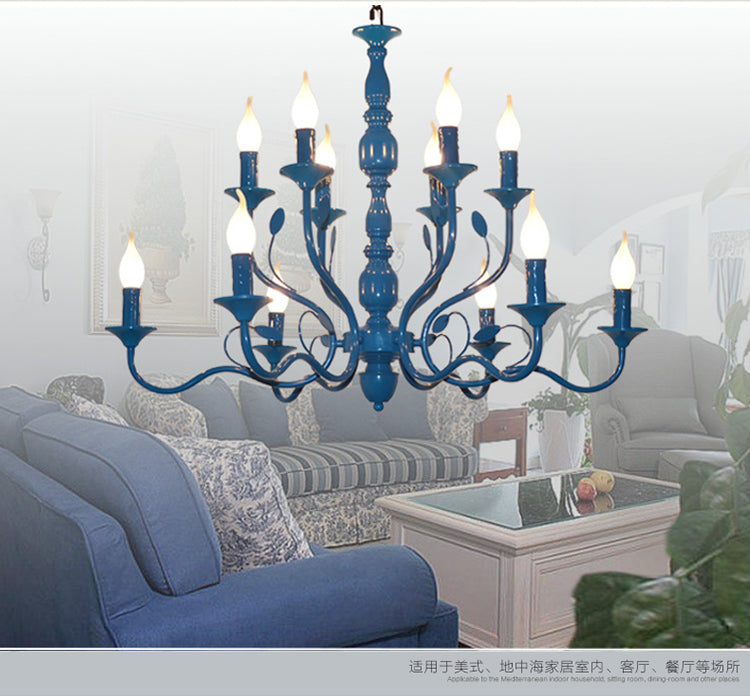 Metal Candle Shape Pendant Chandelier Vintage 10/12/16 Lights Restaurant Hanging Ceiling Lamp in Blue Clearhalo 'Ceiling Lights' 'Chandeliers' Lighting' options 1913393