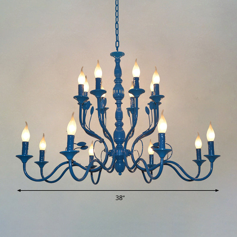 Metal Candle Shape Pendant Chandelier Vintage 10/12/16 Lights Restaurant Hanging Ceiling Lamp in Blue Clearhalo 'Ceiling Lights' 'Chandeliers' Lighting' options 1913394