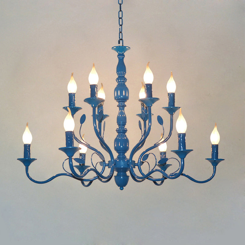 Metal Candle Shape Pendant Chandelier Vintage 10/12/16 Lights Restaurant Hanging Ceiling Lamp in Blue Clearhalo 'Ceiling Lights' 'Chandeliers' Lighting' options 1913395