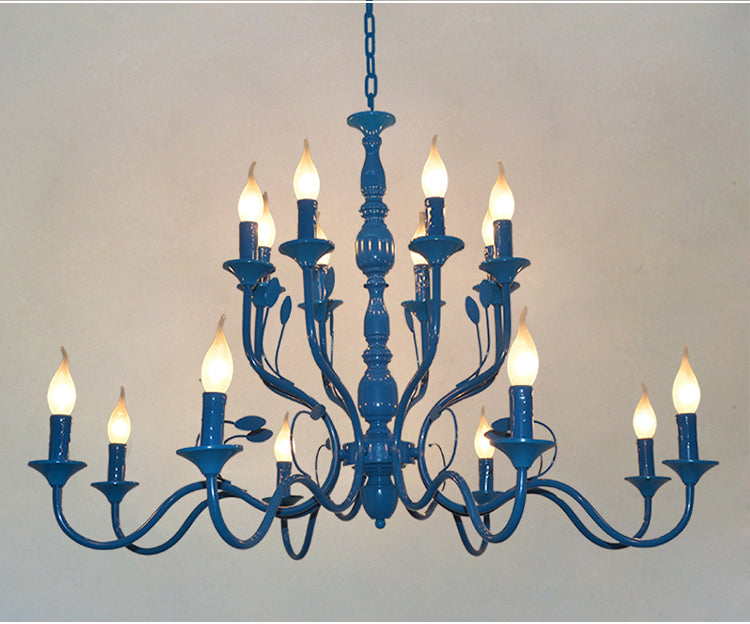 Metal Candle Shape Pendant Chandelier Vintage 10/12/16 Lights Restaurant Hanging Ceiling Lamp in Blue Clearhalo 'Ceiling Lights' 'Chandeliers' Lighting' options 1913396