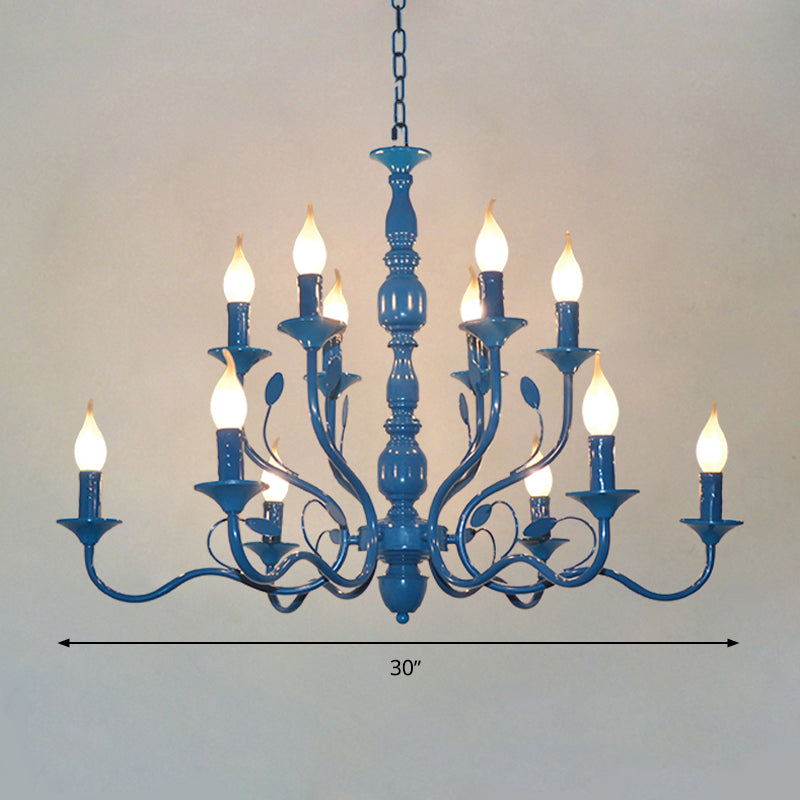 Metal Candle Shape Pendant Chandelier Vintage 10/12/16 Lights Restaurant Hanging Ceiling Lamp in Blue Clearhalo 'Ceiling Lights' 'Chandeliers' Lighting' options 1913397