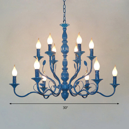 Metal Candle Shape Pendant Chandelier Vintage 10/12/16 Lights Restaurant Hanging Ceiling Lamp in Blue Clearhalo 'Ceiling Lights' 'Chandeliers' Lighting' options 1913397