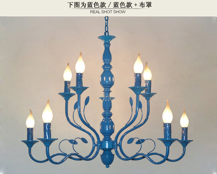 Metal Candle Shape Pendant Chandelier Vintage 10/12/16 Lights Restaurant Hanging Ceiling Lamp in Blue Clearhalo 'Ceiling Lights' 'Chandeliers' Lighting' options 1913398