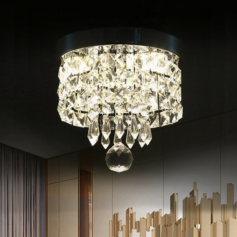 Drum Layered Flush Mount Light Crystal Glam Ceiling Light Fixture in Chrome Clear 8" Clearhalo 'Ceiling Lights' 'Close To Ceiling Lights' 'Close to ceiling' 'Flush mount' Lighting' 1913594