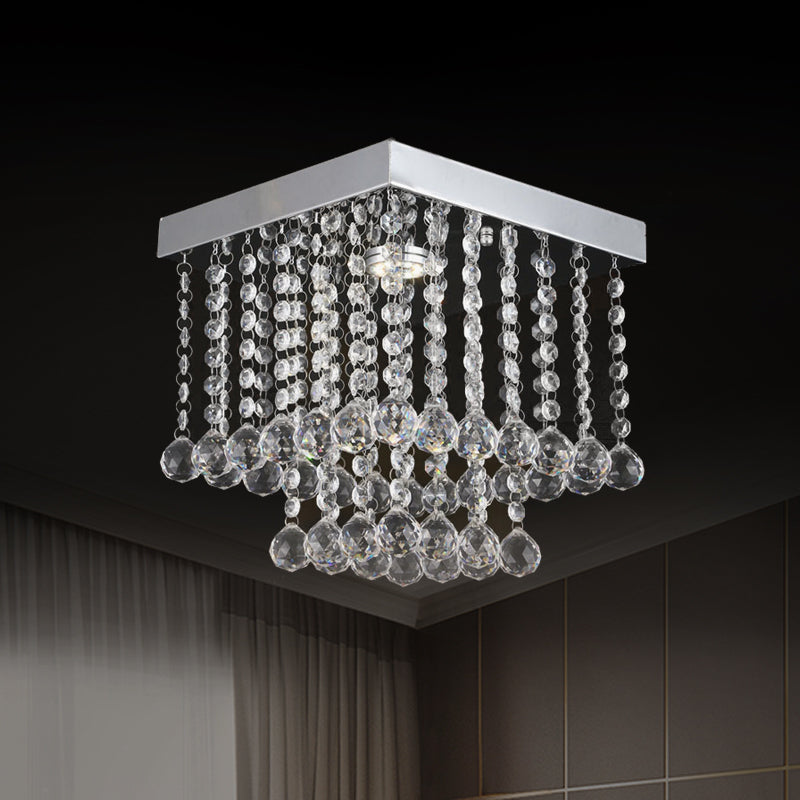 Square Cascading Crystal Flush Mount Chrome Ceiling Light Fixture with Crystal Balls Clear 10" Clearhalo 'Ceiling Lights' 'Close To Ceiling Lights' 'Close to ceiling' 'Flush mount' Lighting' 1913614