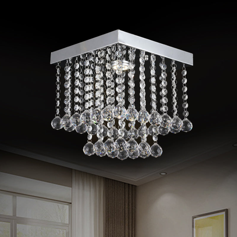 Square Cascading Crystal Flush Mount Chrome Ceiling Light Fixture with Crystal Balls Clearhalo 'Ceiling Lights' 'Close To Ceiling Lights' 'Close to ceiling' 'Flush mount' Lighting' 1913615