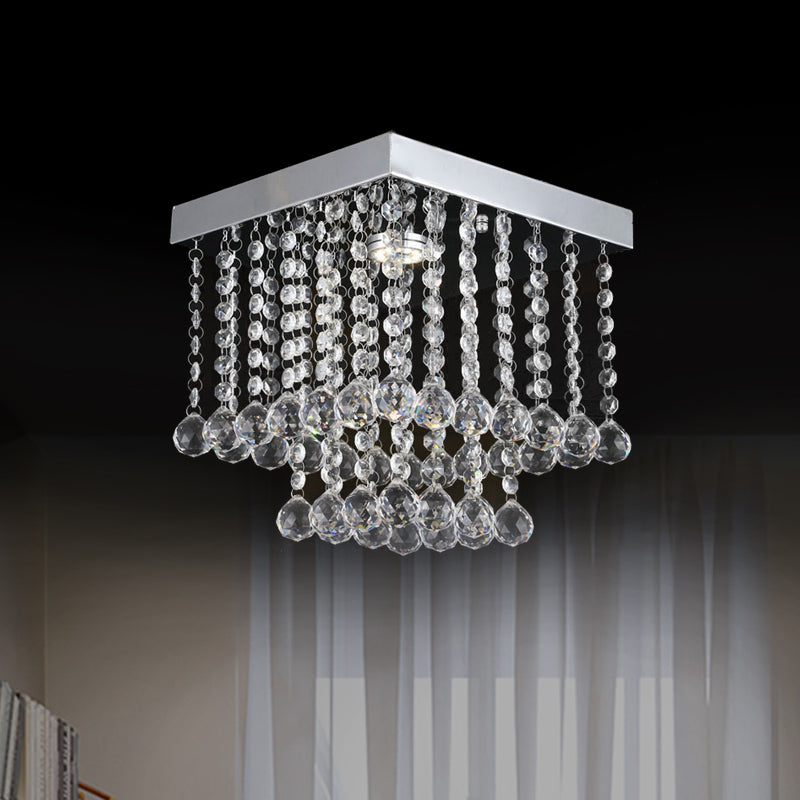 Square Cascading Crystal Flush Mount Chrome Ceiling Light Fixture with Crystal Balls Clearhalo 'Ceiling Lights' 'Close To Ceiling Lights' 'Close to ceiling' 'Flush mount' Lighting' 1913616