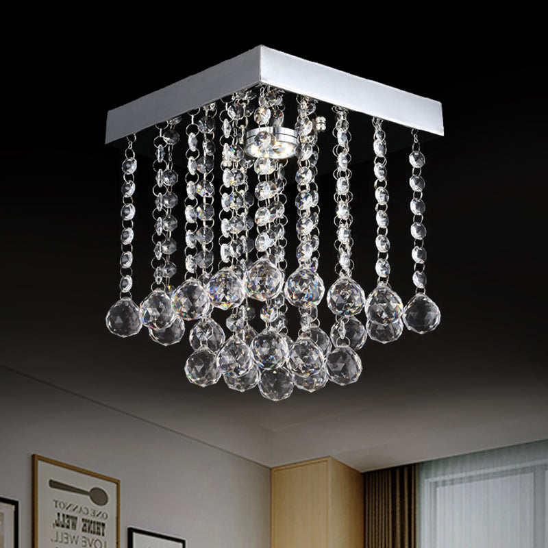 Square Cascading Crystal Flush Mount Chrome Ceiling Light Fixture with Crystal Balls Clear 8" Clearhalo 'Ceiling Lights' 'Close To Ceiling Lights' 'Close to ceiling' 'Flush mount' Lighting' 1913619