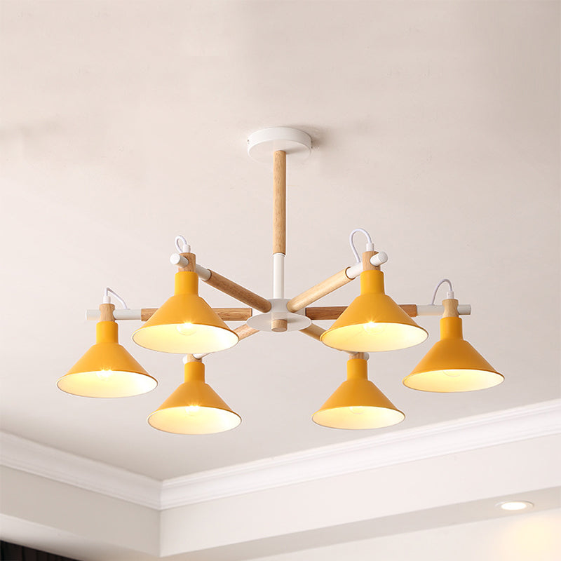 Wood and Metal Horn Shape Hanging Pendant Fixture 6 Bulbs Macaroon Chandelier for Bedroom Yellow Clearhalo 'Ceiling Lights' 'Chandeliers' Lighting' options 191393_856f9394-b6b0-4ddd-a97f-8da164bca759