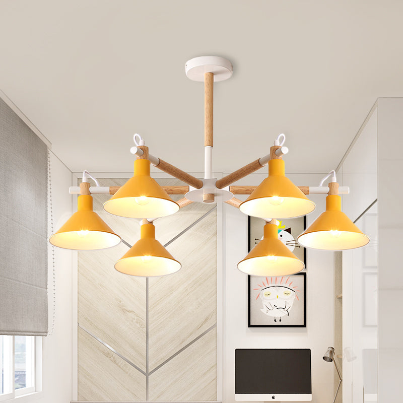 Wood and Metal Horn Shape Hanging Pendant Fixture 6 Bulbs Macaroon Chandelier for Bedroom Clearhalo 'Ceiling Lights' 'Chandeliers' Lighting' options 191394