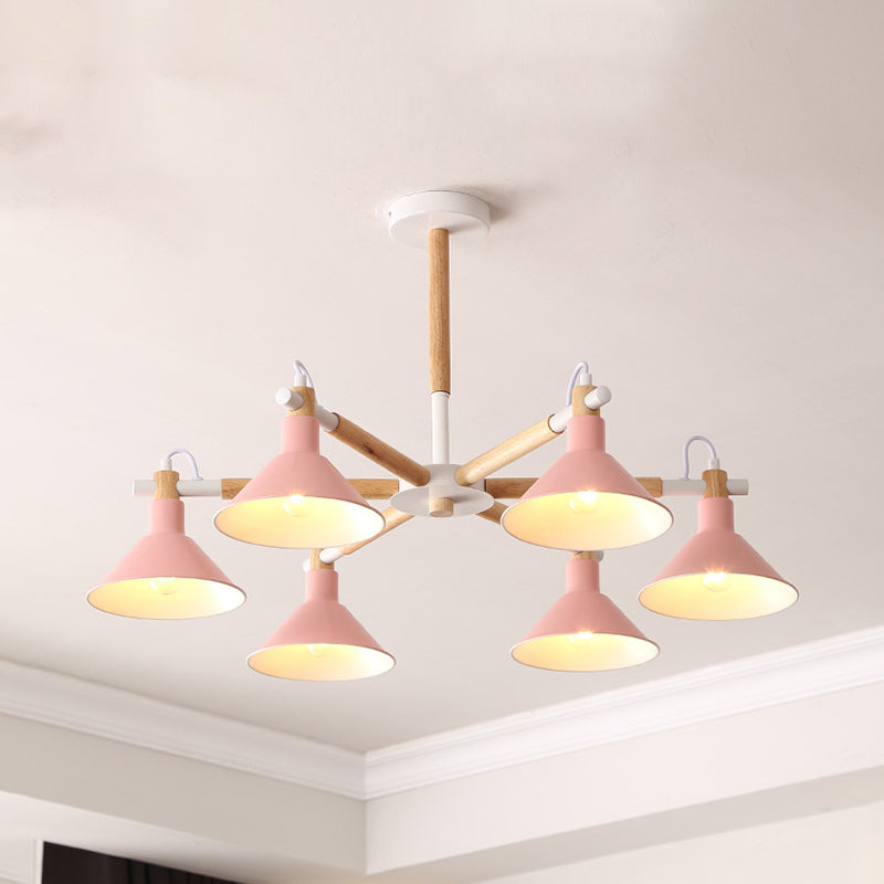 Wood and Metal Horn Shape Hanging Pendant Fixture 6 Bulbs Macaroon Chandelier for Bedroom Clearhalo 'Ceiling Lights' 'Chandeliers' Lighting' options 191398