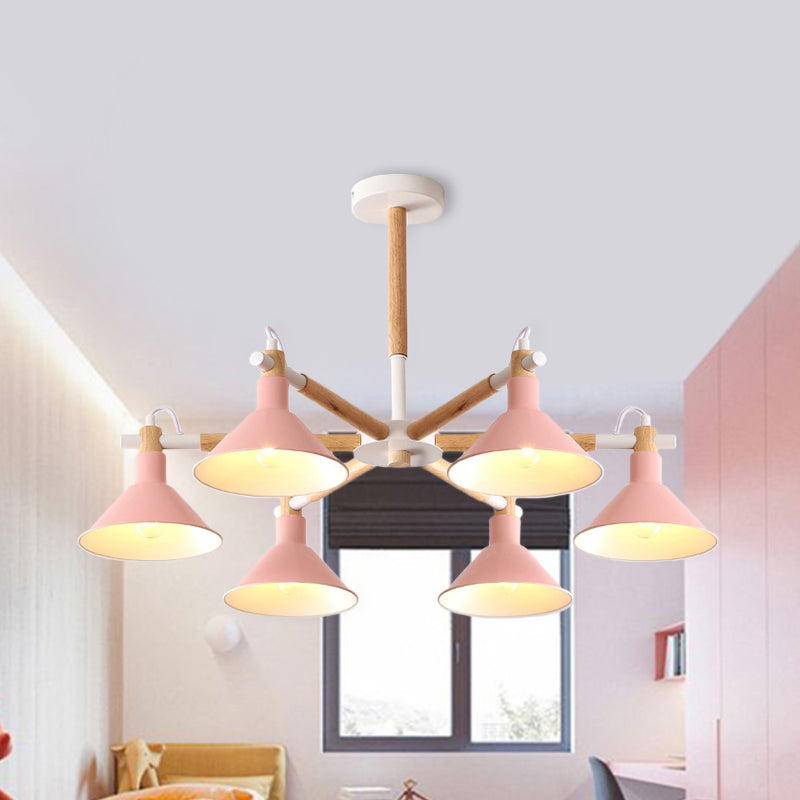 Wood and Metal Horn Shape Hanging Pendant Fixture 6 Bulbs Macaroon Chandelier for Bedroom Clearhalo 'Ceiling Lights' 'Chandeliers' Lighting' options 191399