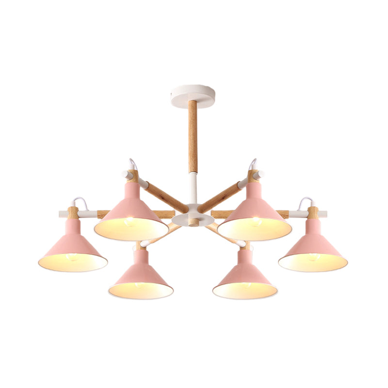 Wood and Metal Horn Shape Hanging Pendant Fixture 6 Bulbs Macaroon Chandelier for Bedroom Clearhalo 'Ceiling Lights' 'Chandeliers' Lighting' options 191400