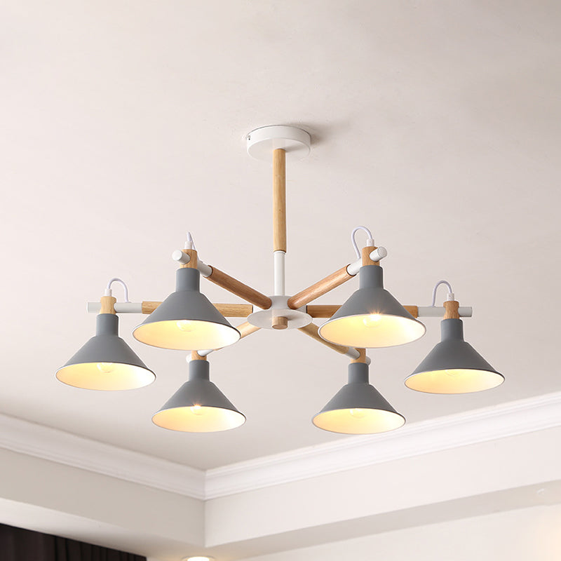 Wood and Metal Horn Shape Hanging Pendant Fixture 6 Bulbs Macaroon Chandelier for Bedroom Clearhalo 'Ceiling Lights' 'Chandeliers' Lighting' options 191401