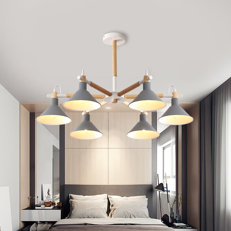 Wood and Metal Horn Shape Hanging Pendant Fixture 6 Bulbs Macaroon Chandelier for Bedroom Clearhalo 'Ceiling Lights' 'Chandeliers' Lighting' options 191402